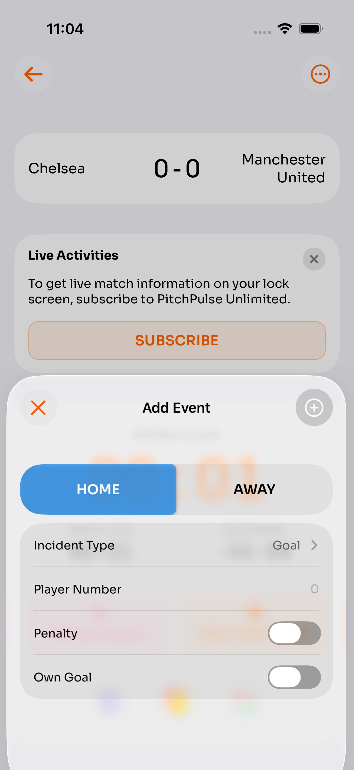 PitchPulse add event screen for logging a goal, with incident type, player number, penalty, and own goal options.