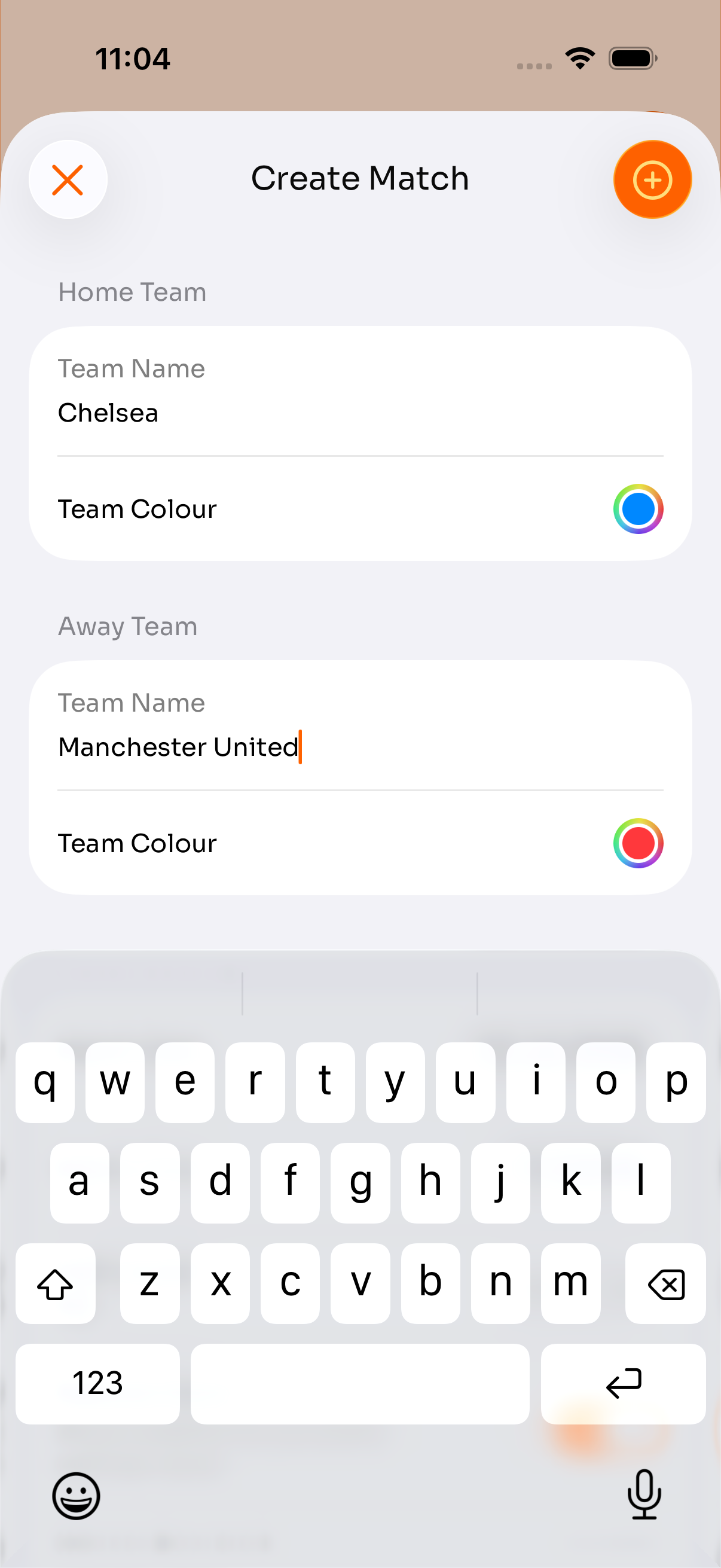 PitchPulse create match screen showing home and away team names and colors.