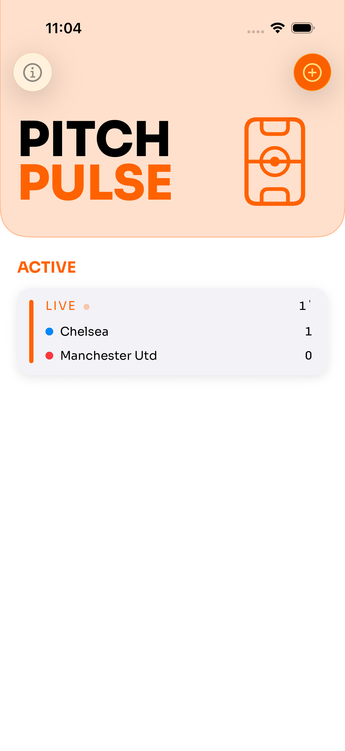 PitchPulse match list screen showing a live match in progress.